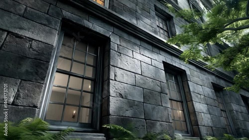 Modern building featuring large window framed by lush green plants and a majestic tree in the background landscape