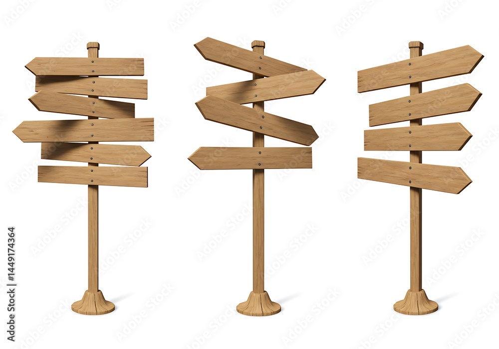 Fototapeta premium Three wooden direction signs pointing in different directions on a white isolated background image