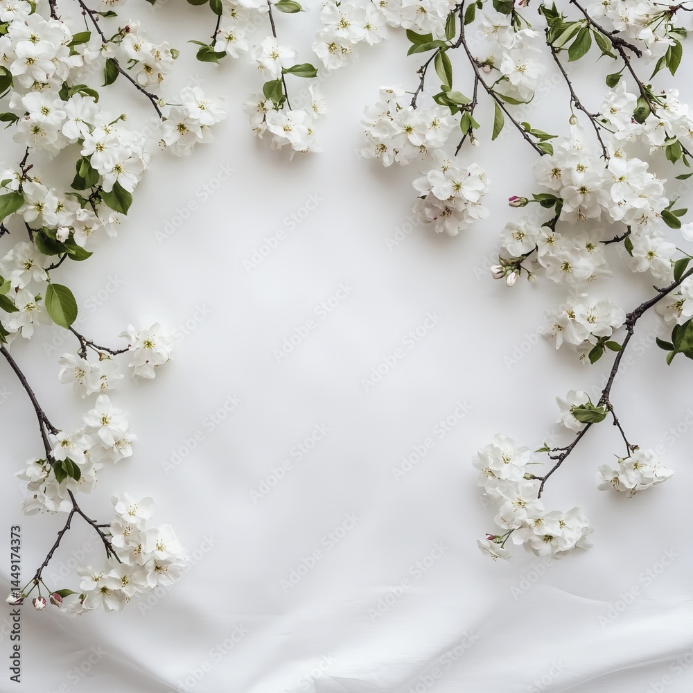 Obraz premium Delicate White Flowers Gracefully Arranged on a Soft White Background Evoking Serenity and Purity