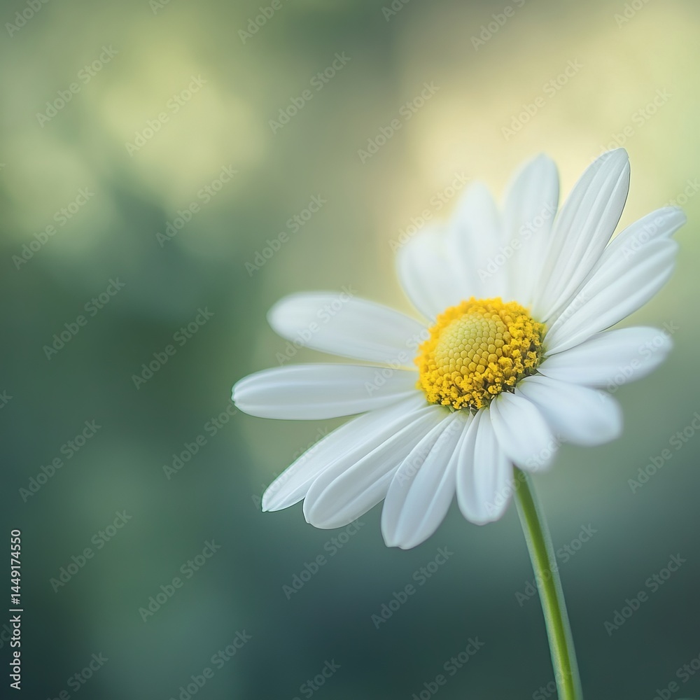 Fototapeta premium Delicate White Flower with Radiant Yellow Center Blooming in Lush Green Garden Under Bright Sunlight