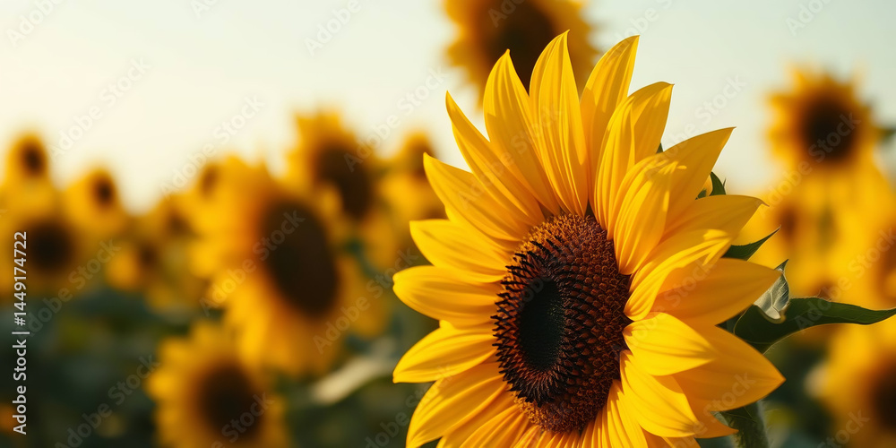 Obraz premium a close-up of a sunflower in the foreground. The sunflower is prominently positioned on the right side of the image, displaying bright yellow petals radiating from a dark brown center