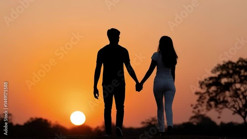 Romantic couple holding hands silhouetted against a breathtaking sunset with vibrant colors in the background