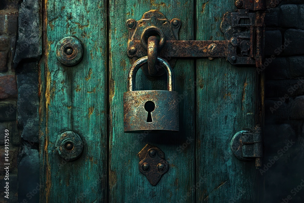 Secured Old Wooden Door with Padlock and Rustic Iron Hardware Secured Old Wooden Door with Padlock and Rustic Iron Hardware