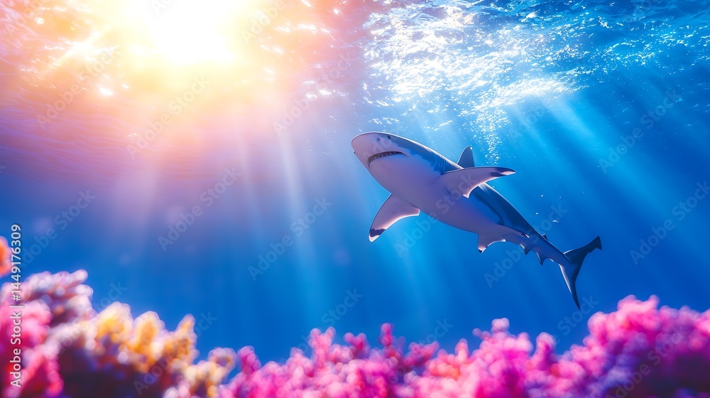 Obraz premium Sleek Shark Gliding Through Vibrant Coral Reef in Sunlit Ocean