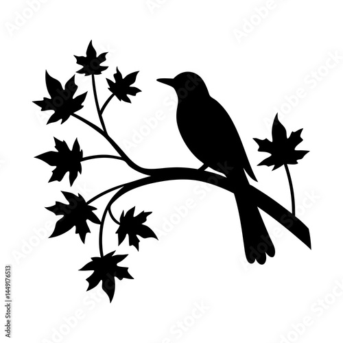 Black silhouette of a bird on a branch with maple leaves nature vector illustration graphic design element