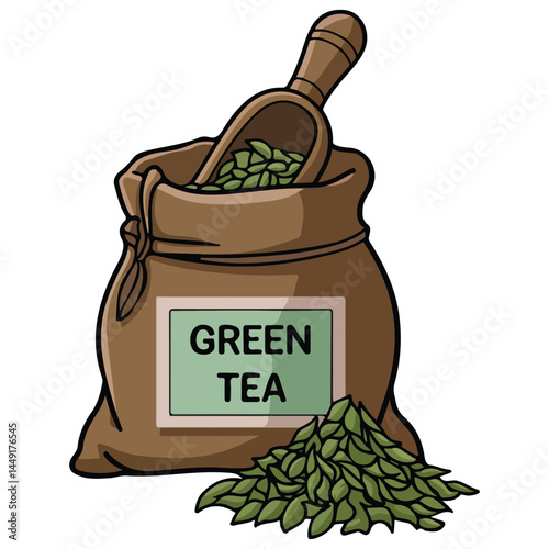 Sack of green tea leaves isolated vector illustration on white background