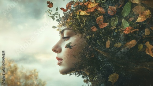 Surreal image of a woman with nature elements surrounding her head.