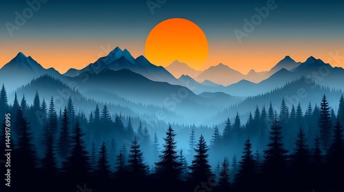 Sunset over forest mountains landscape view