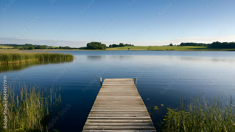 Tranquil Lakeside Dock Under Sunny Sky Tranquil Lakeside Dock Under Sunny Sky