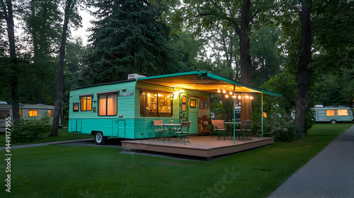 Rustic Teal Camper With Wood Deck At Night