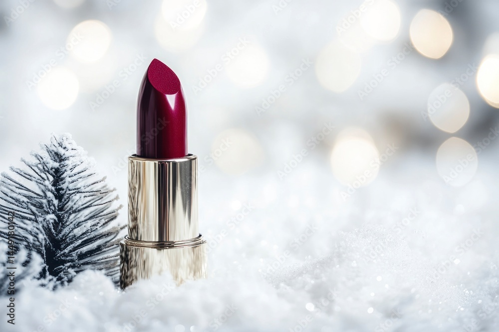 Burgundy Lipstick and Snowy Christmas Tree on Glittering White Background Burgundy Lipstick and Snowy Christmas Tree on Glittering White Background