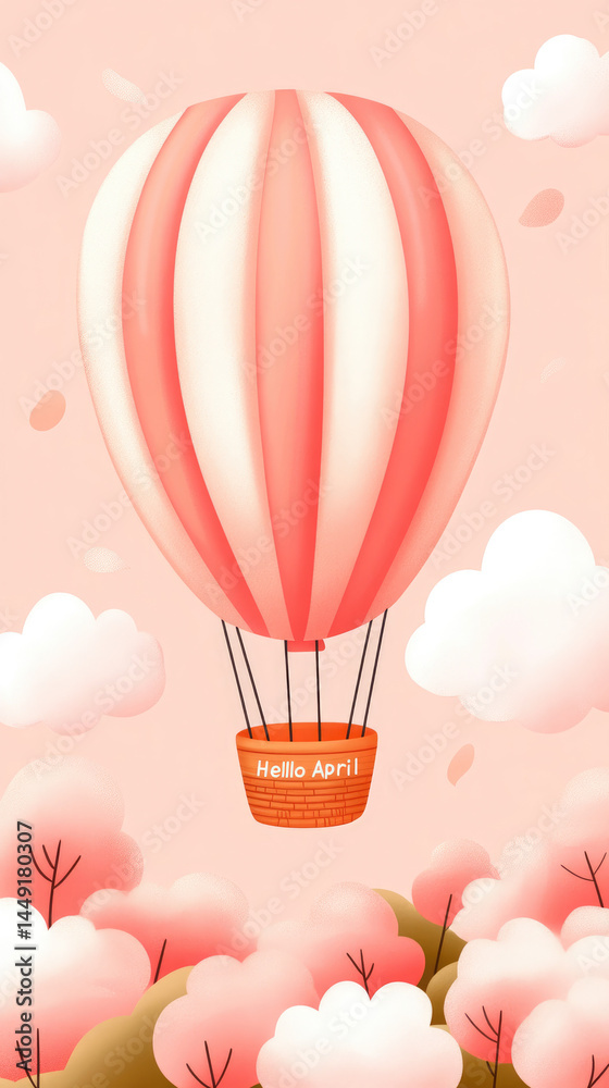 Fototapeta premium Pastel pink hot air balloon floats above a field of blossoming pink flowers. Fluffy white clouds and a soft pink sky complete the whimsical scene