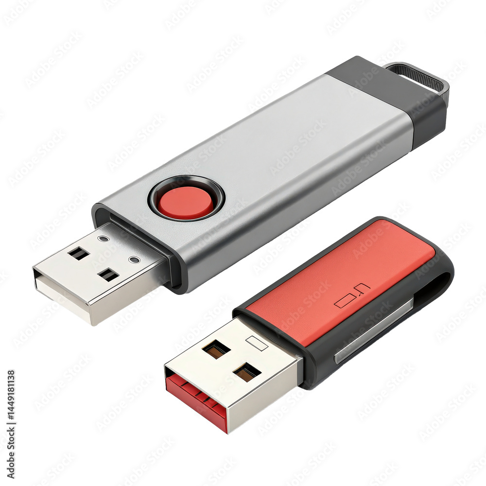 Two USB flash drives with sleek, portable designs are shown. One is silver with red button, and other is red and black. Both have small, compact form ideal for data storage Two USB flash drives with sleek, portable designs are shown. One is silver with red button, and other is red and black. Both have small, compact form ideal for data storage