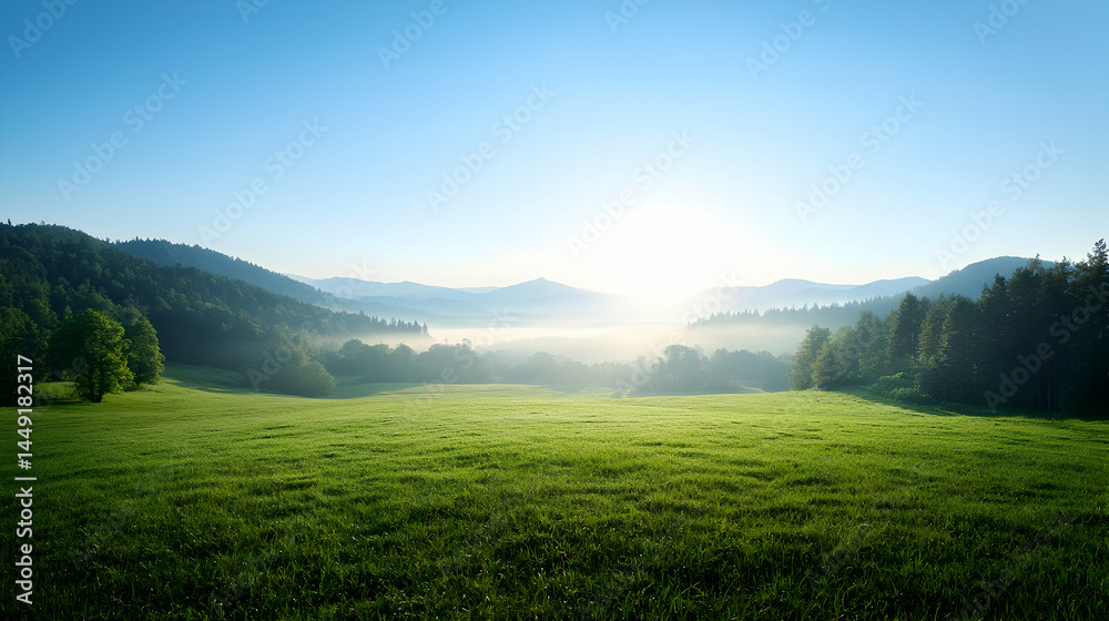 Fototapeta premium Misty Morning Landscape In Valley With Grassy Meadow And Hills