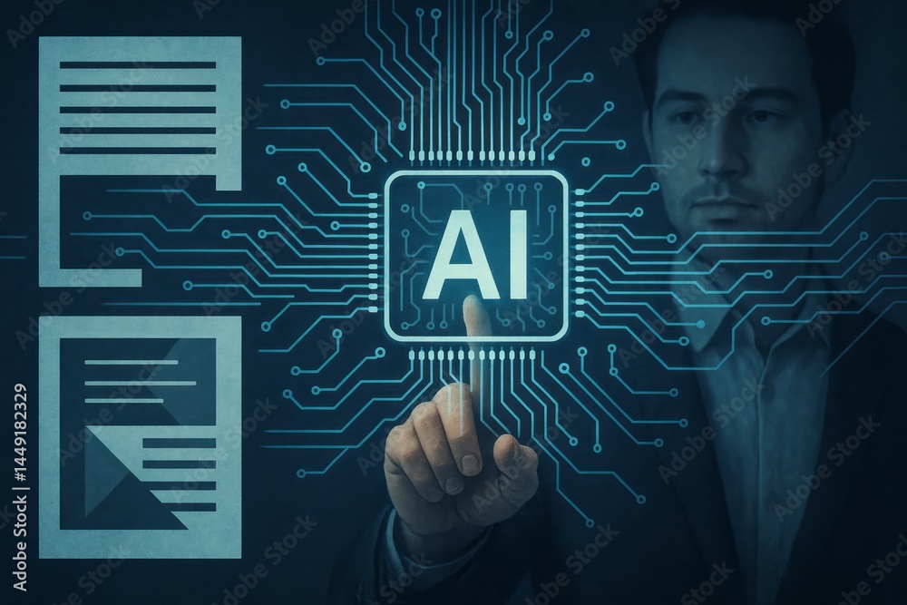 Person Interacting with AI Technology in a Digital Environment with Circuit Patterns and Documents