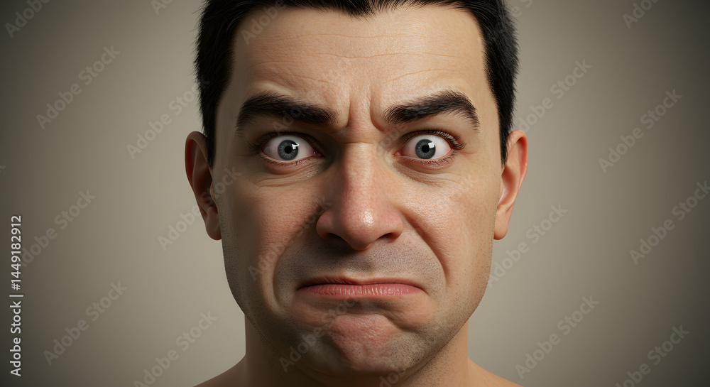 Fototapeta premium 3D Render: Intensely Anxious Male Face, Close-Up