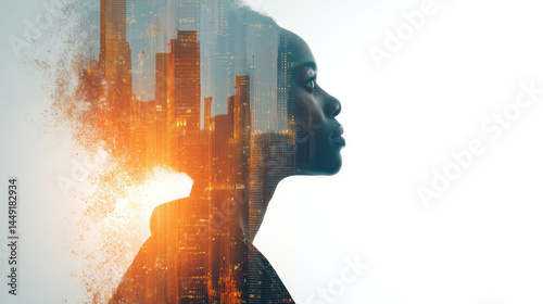 A woman's profile, city lights layered within her hair and form