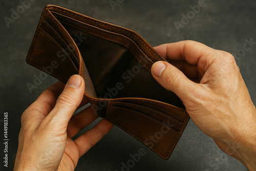 Open empty wallet held in hands showing lack of cash or funds on dark background