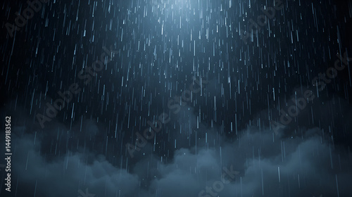 Falling raindrops footage animation in slow motion on dark black background with fog, lightened from top, rain animation with start and end, perfect for film, digital composition, projection mapping