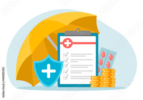 Medical insurance, health insurance concept. Insurance document, umbrella, medicine and money in flat design.