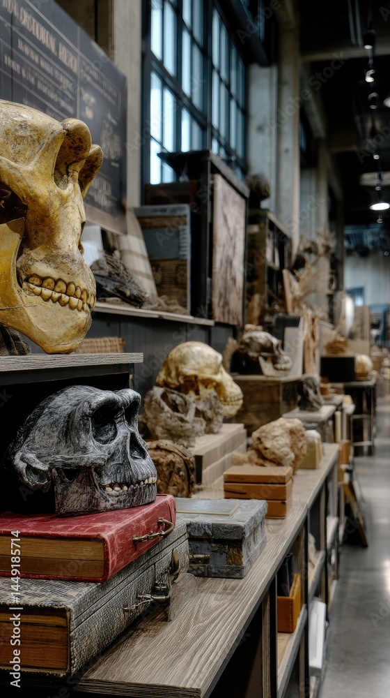 Museum Display of Ancient Hominid Skulls and Museum Display of Ancient Hominid Skulls and