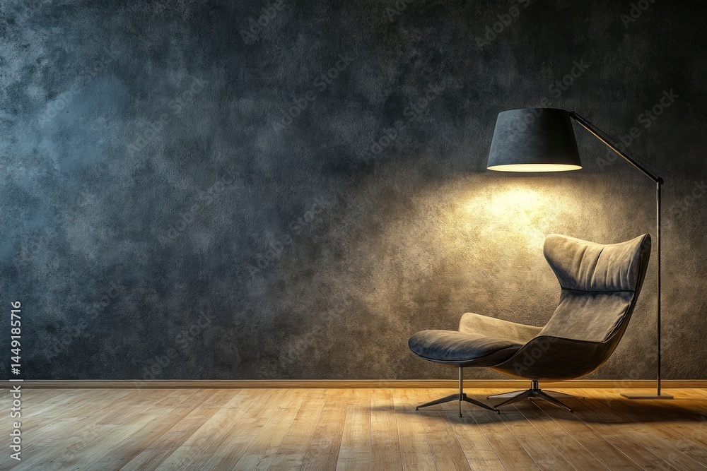 Chair by Lamp Against Concrete Wall with Wood Floor in Interior