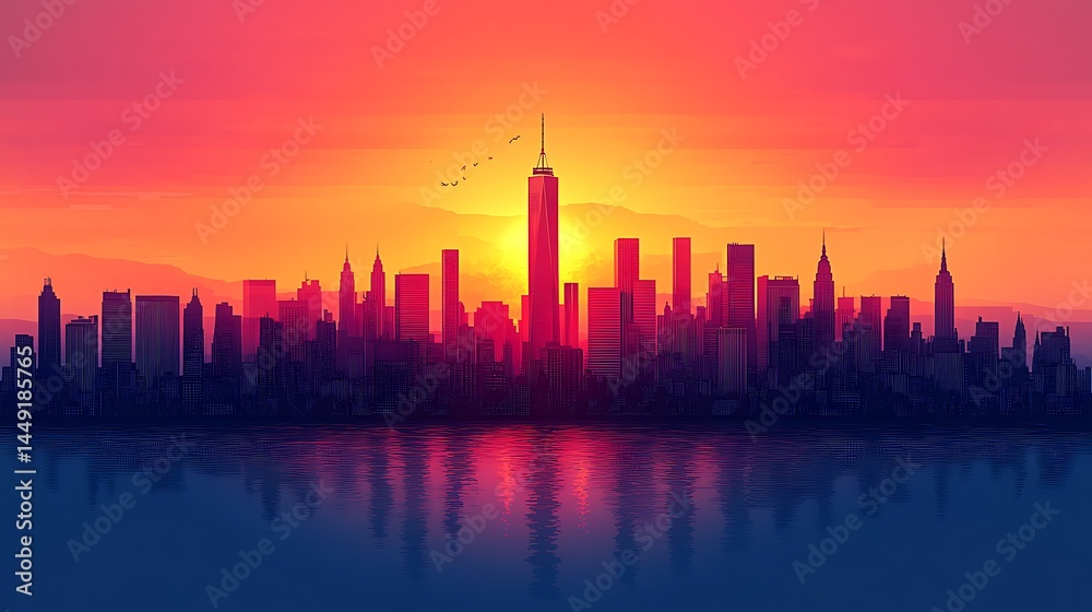 Fototapeta premium Vibrant city sunset reflected on water