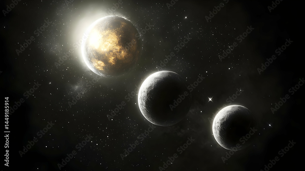 Naklejka premium Three Glowing Planets In Dark Space