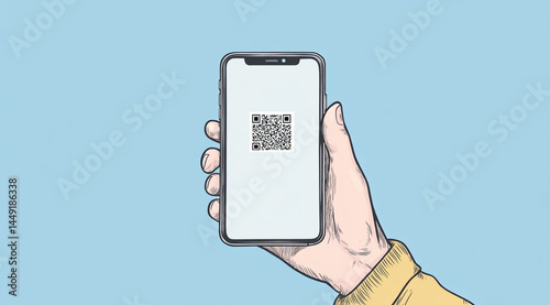 Hand Holding Smartphone with Visible QR Code