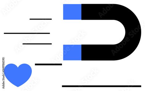 U-shaped magnet pulling a blue heart with energy lines, suggesting attraction, love, connection, relationships, magnetism, influence, cohesion engagement. Ideal for emotional bonds flat simple