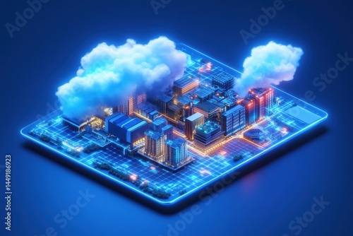 A city miniature, isometric view, built on a glowing circuit board  Clouds float above, symbolizing the cloud computing technology