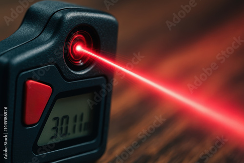 Mechanical laser measuring tool emits bright red beam for precise consulting in construction and engineering tasks