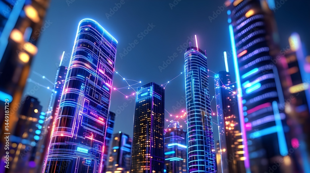 Naklejka premium Futuristic Smart City, Neon Towers, Network - Metaverse/Virtual Worlds