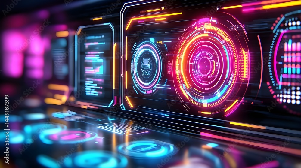 Obraz premium Futuristic Neon Tech HUD Interface - Cyberpunk aesthetics