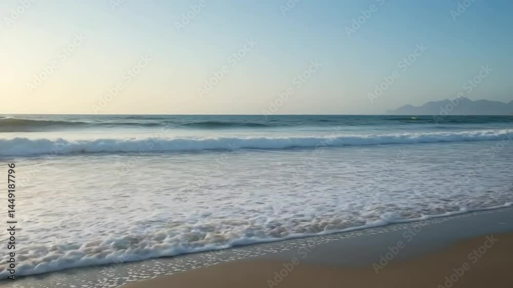 Peaceful shoreline view golden hour ocean waves tranquil beach scene Peaceful shoreline view golden hour ocean waves tranquil beach scene