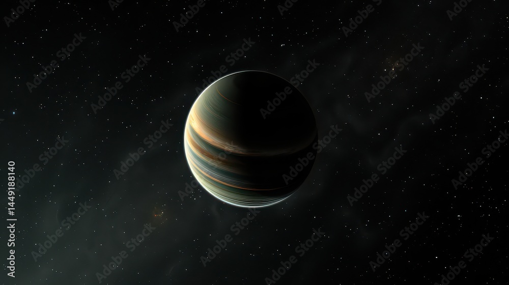A gas giant planet with striped atmosphere against a backdrop of stars in deep outer space view