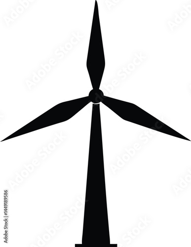 A minimalist turbine black silhouette with three blades stands against a white isolated background