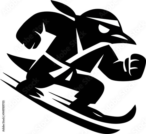 Ninja Penguin on Skis An illustration of a ninja penguin gliding gracefully on skis embodying the spirit of speed and stealth against a simple backdrop.