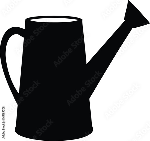 A minimalistic black watering can stands alone prominently, with a curved handle and spout