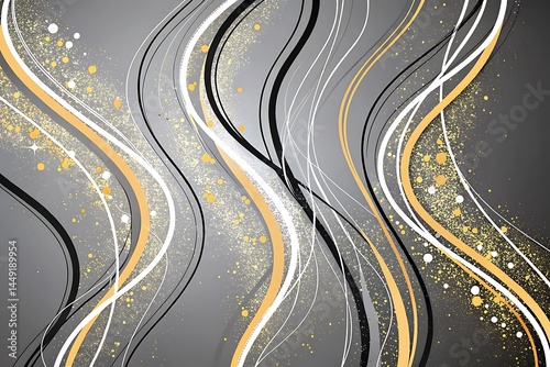 Dynamic Abstract Light Lines – Elegant Gray Background with White, Black, and Gold Flowing Streaks and Glitter for Modern Digital Design and Stylish Visual Effects