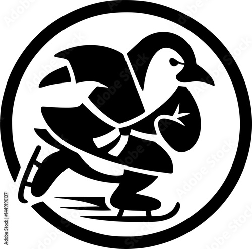 Penguin on Ice Skates A stylized illustration of a penguin gliding effortlessly on ice skates embodying a spirit of speed agility and determination.