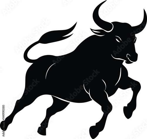 A powerful black bull is leaping forward dynamically, with its tail raised high