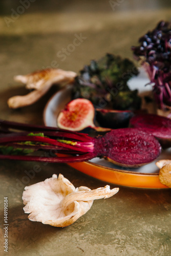 Beautiful fresh produce, including beetroot and mushrooms.