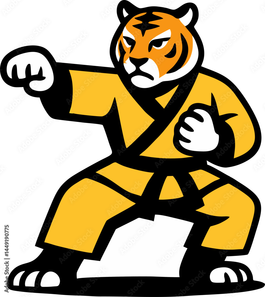 Naklejka premium Tiger Karate Master A fierce tiger in a yellow karate gi with a black belt delivers a powerful punch showcasing the strength and agility of martial arts.