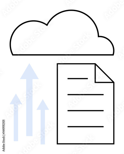 Cloud above document with three upward arrows symbolizing data transfer. Ideal for technology, storage, cloud computing, file sharing, security, data management, innovation. Flat simple metaphor