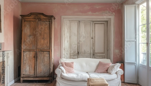 Vintage-style room with antique wardrobe, white sofa, and pale pink walls.  Wooden furniture sits against faded pink walls.  A light-colored sofa is positioned near a set of antique doors