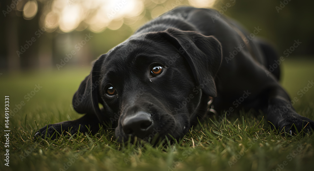 Black Labrador Retriever Relaxing on Green Grass in Natural Light Black Labrador Retriever Relaxing on Green Grass in Natural Light