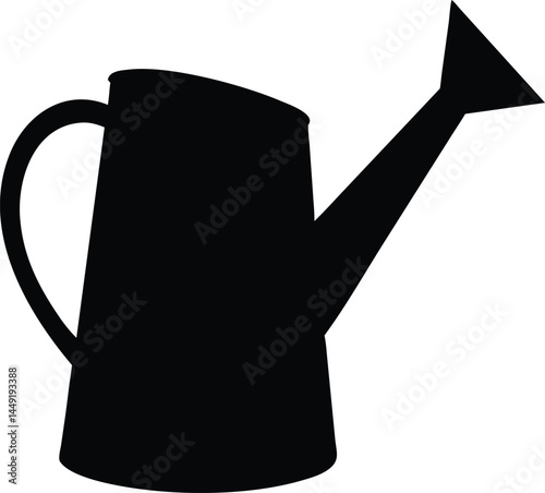 A single black watering can stands alone against a white, bright backdrop