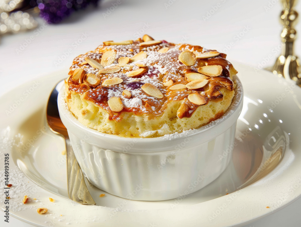 Baked custard dish topped with almonds and powdered sugar