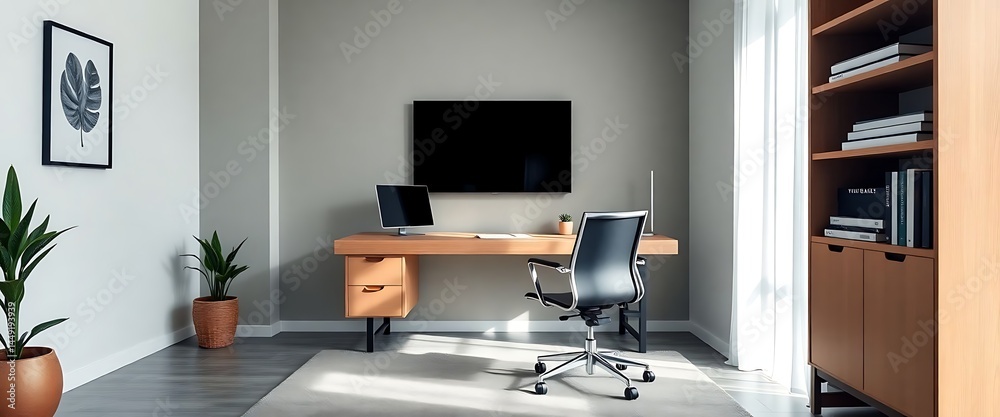 Fototapeta premium home office with a desk, chair, and television
